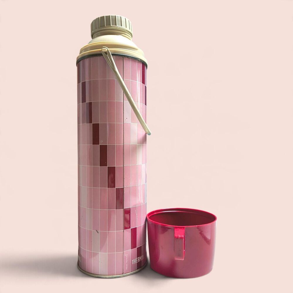 Vintage Thermos Vacuum Bottle, 1970s Retro Pink Grid Mosaic Tile Pattern